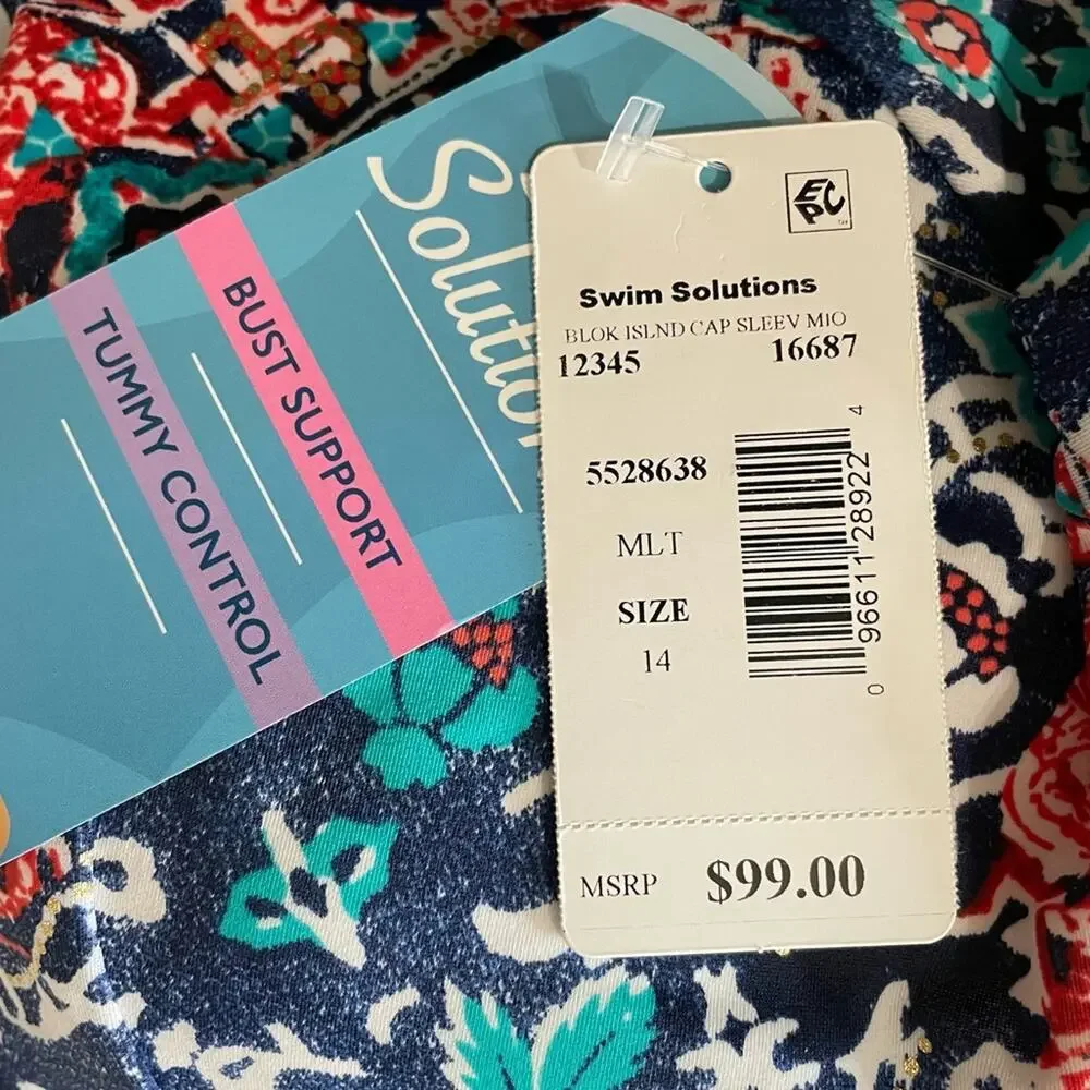 Swim Solutions Women's Block Island Floral Cap Sleeve One Piece Swimsuit sz 14 - Picture 4 of 4